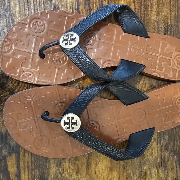 Tory Burch Black Leather With Logo Flip Flops with Tan Footbed Size-7 main image 0